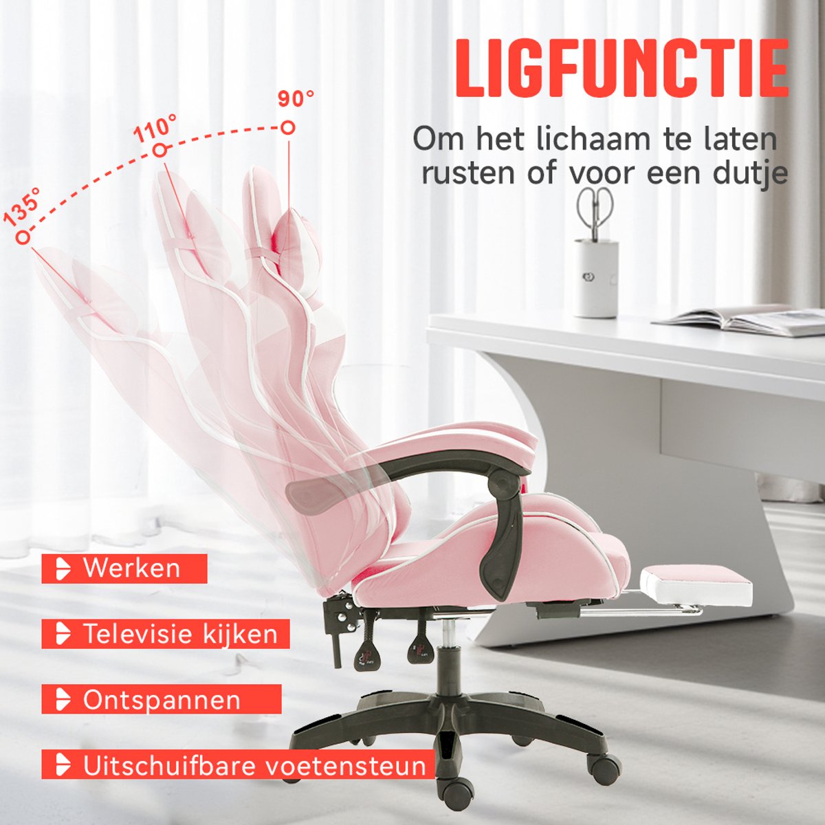Gotatee Ergonomische Gamingstoel met Lendensteun Wit-Roze - afbeelding 2