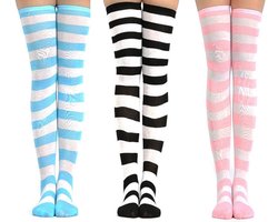 3 paar - Kniekousen - Over de knie - Kousen - Strepen - Dijhoge sokken - - Schattige strepen - Set voor dames, tieners en meisjes - Blauw, roze, wit