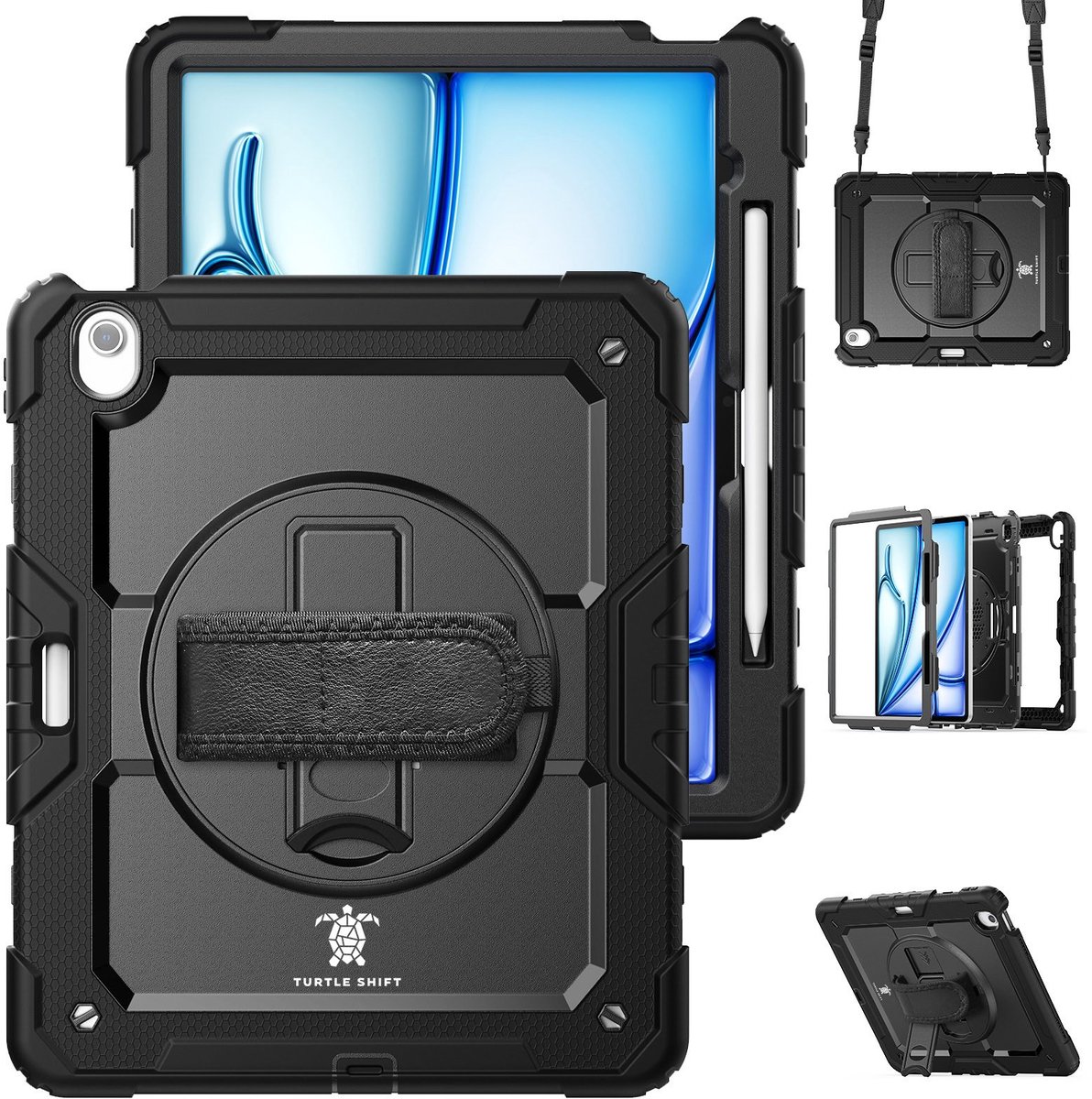 Turtle Shift Hoes - Geschikt voor Air 13 inch (M4 / M3 / M2) - Hoes met screen protector - Schouderriem - Handriem - Shockproof - Met Standaard - Pencil Houder - Zwart