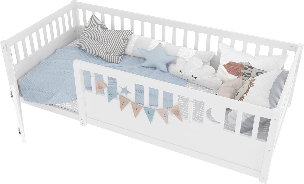 Merax Kinderbed Paneelbed 90x190 Met Gootsteun Sterren En Maan Decoratie Wit