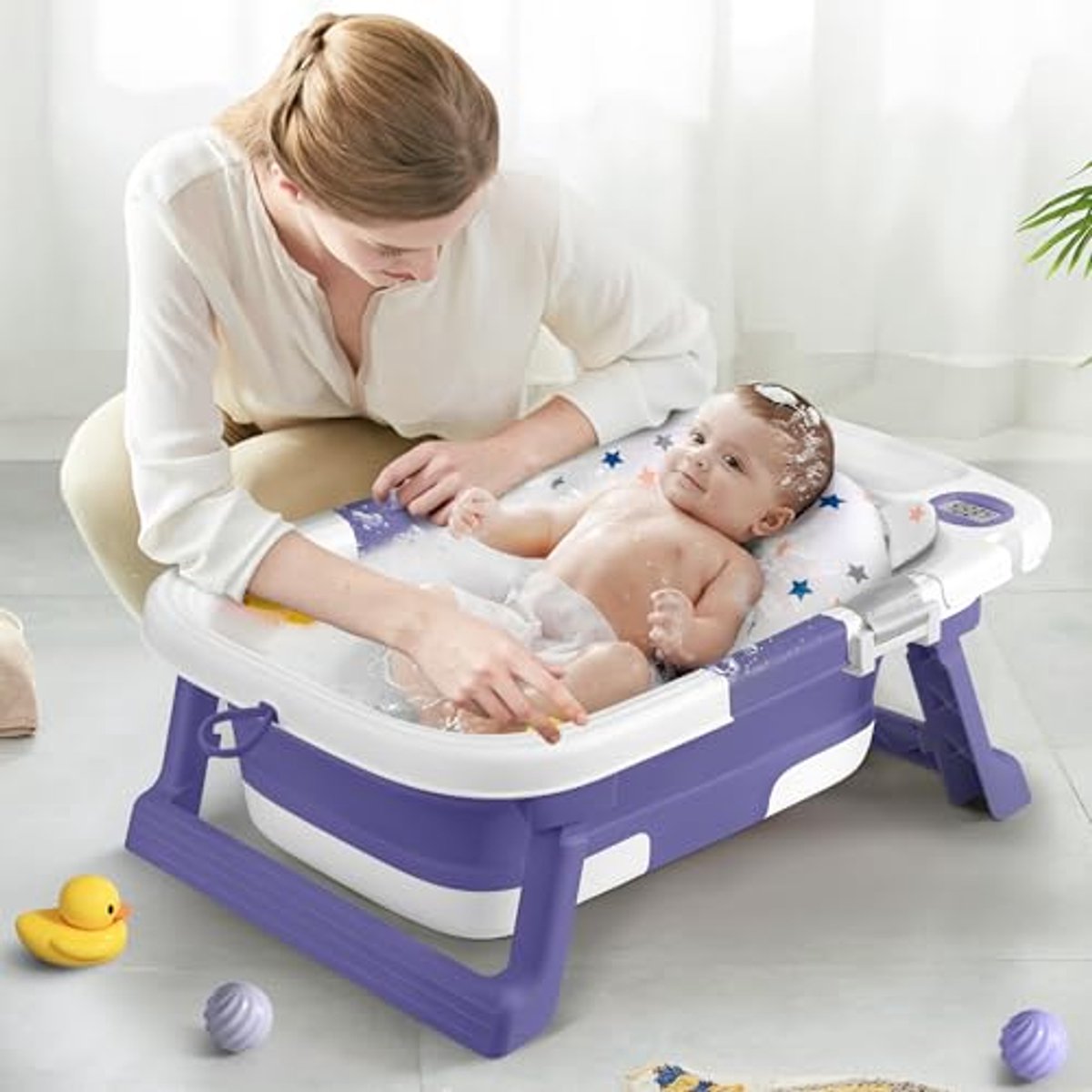 Opvouwbare babybadkuip met kussen en thermometer, Salviablue thumbnail 4