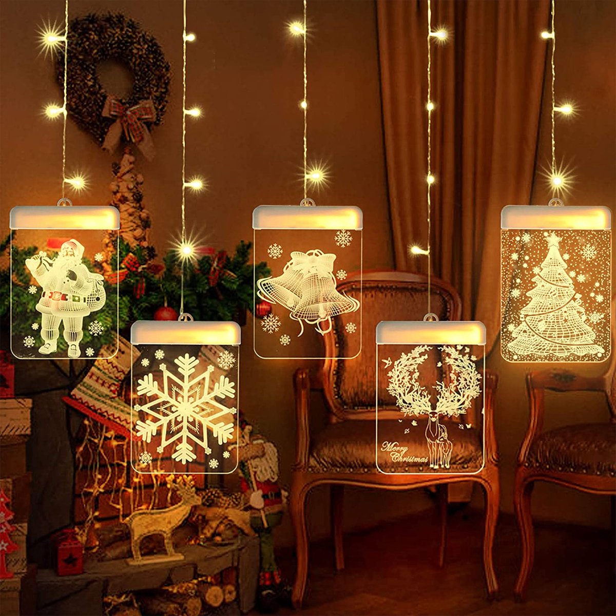 Kerst Licht Gordijn - Christmas Light Curtain - 54 Leds 3D Pendants Warmwit Verlichting - 1 Stuks - Voor Tuin Terras Venster Gebruik Wit