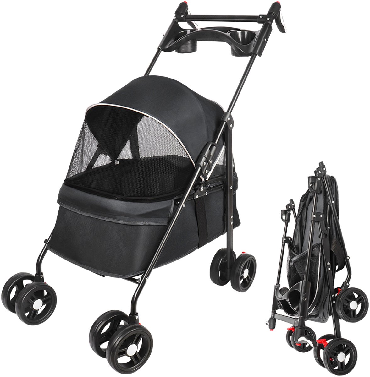 PIPIPOXER Hondenbuggy met gaasvenster, opvouwbaar met 2 veiligheidsriemen, voor kleine honden en katten-Zwart
