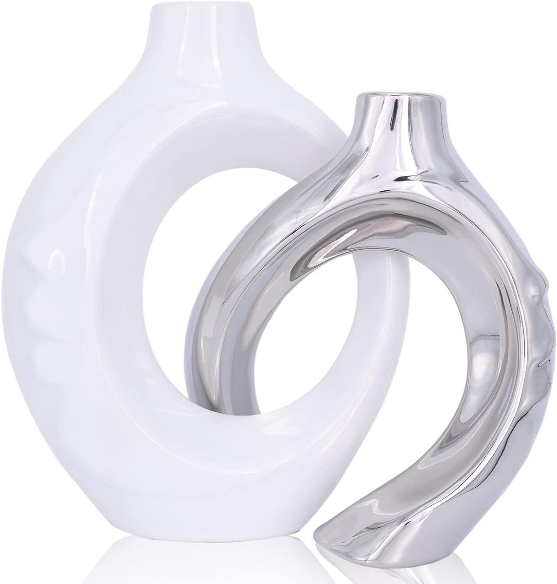 Orivio - Keramische vaas set van 2 in wit en zilver, ronde decoratieve vaas voor woonkamer