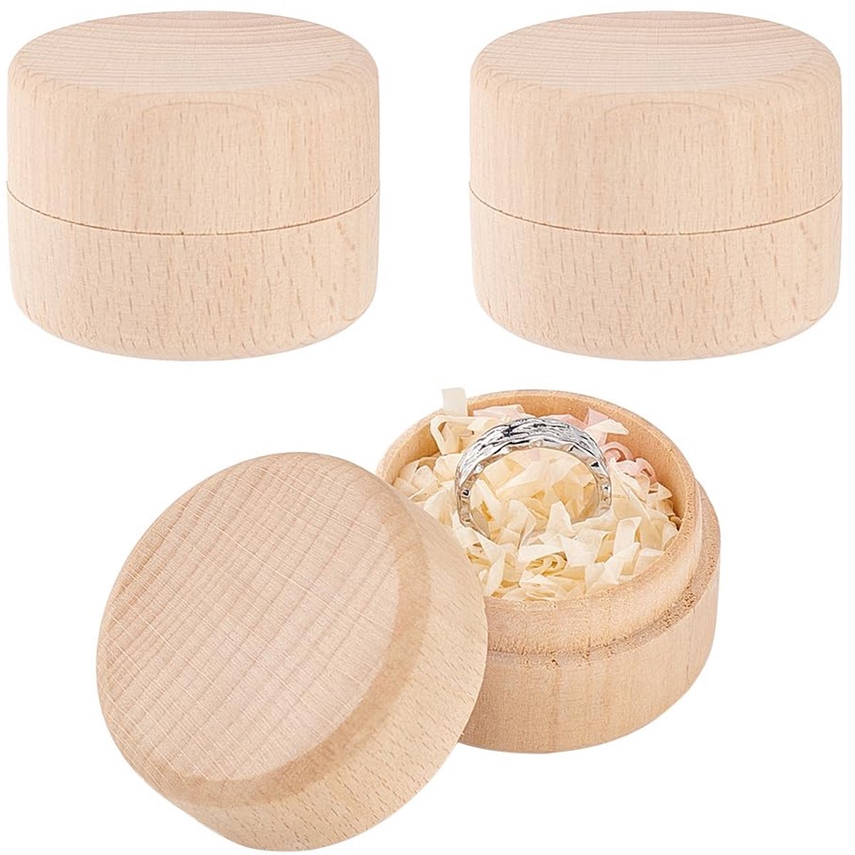 3 Stks Mini Ronde Houten Doos 4.7x3.5 cm Mini Opslag Houten Doos BurlyWood Beukenhout Ring Sieraden Oorbel Snuisterij Doos DIY Hout Opslag Container Case voor Voorstel Bruiloft Ring