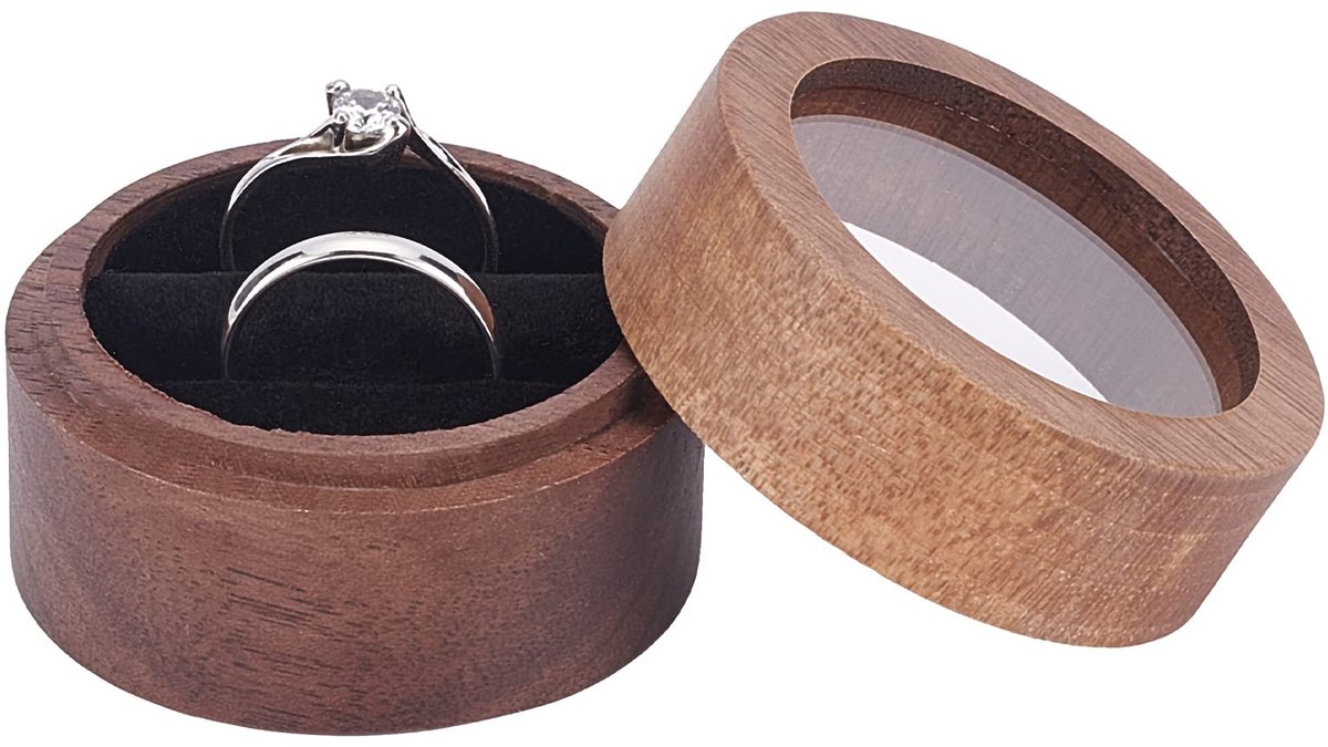 Walnoot Houten Ring Doos (Koffie 5 x 3,6 cm) Ronde Walnoot Ring Organizer met Helder Venster Sieraden Ring Doos met Twee Slots Zwart Fluweel voor Voorstel, Verloving, Verjaardag,