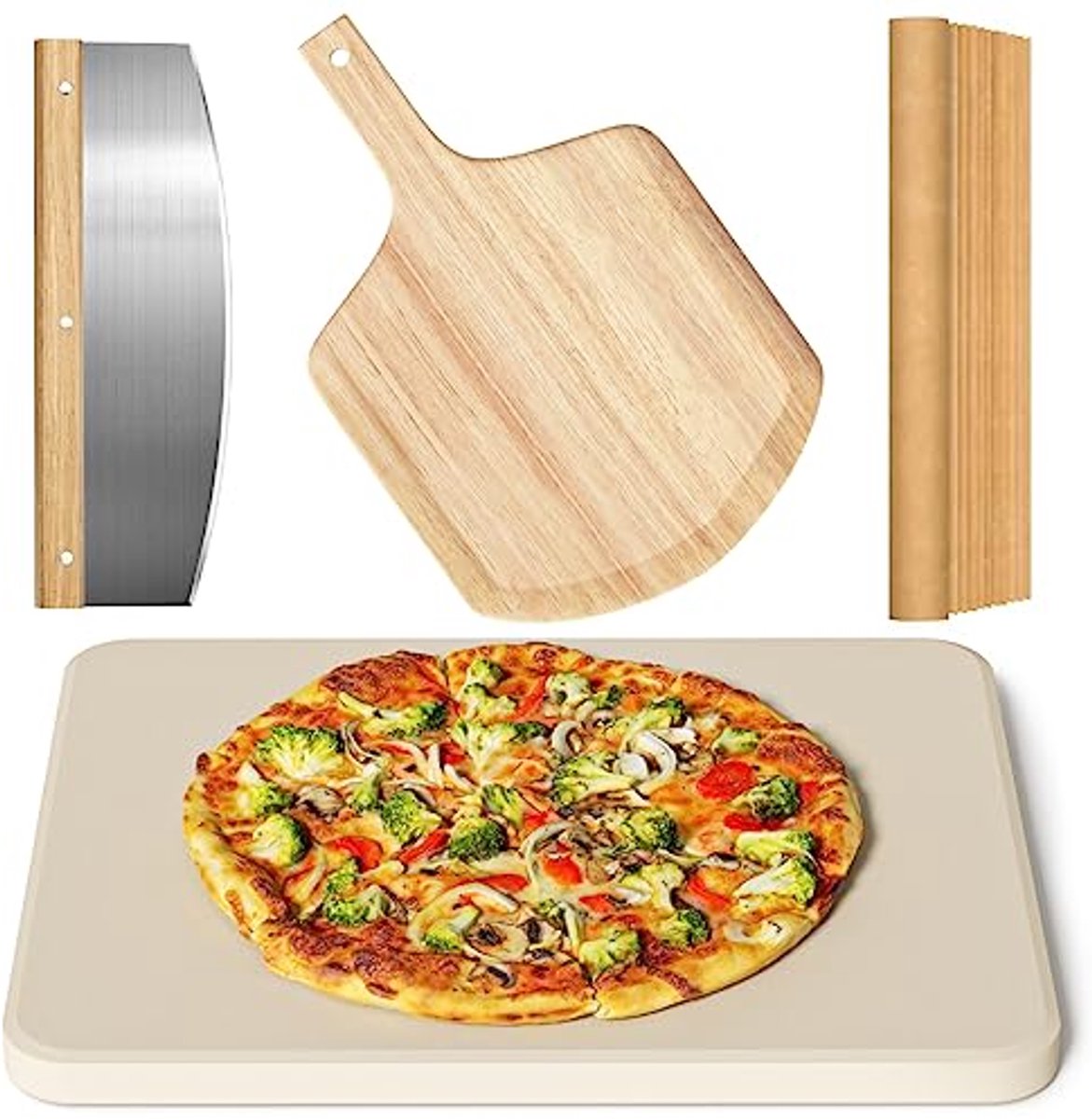 Rechthoekige Pizzasteen Set met Pizzaschil, Pizzasnijder en Kookpapier - 15 Inch voor Oven en Grill