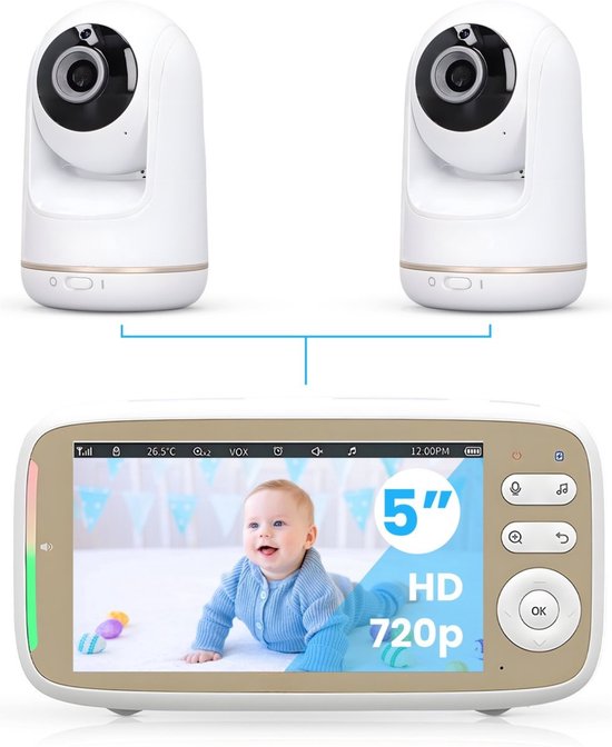 Zevio Babyfoon met Twee Camera's - Baby Monitor - Babyfoon met Camera - 5 Inch HD Scherm - Bestverkocht