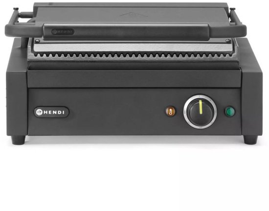 HENDI contactgrill - roestvast staal en geemailleerde gietijzeren platen - 34x23,4 cm - geribbeld - zilver - voor brood, vlees en groenten