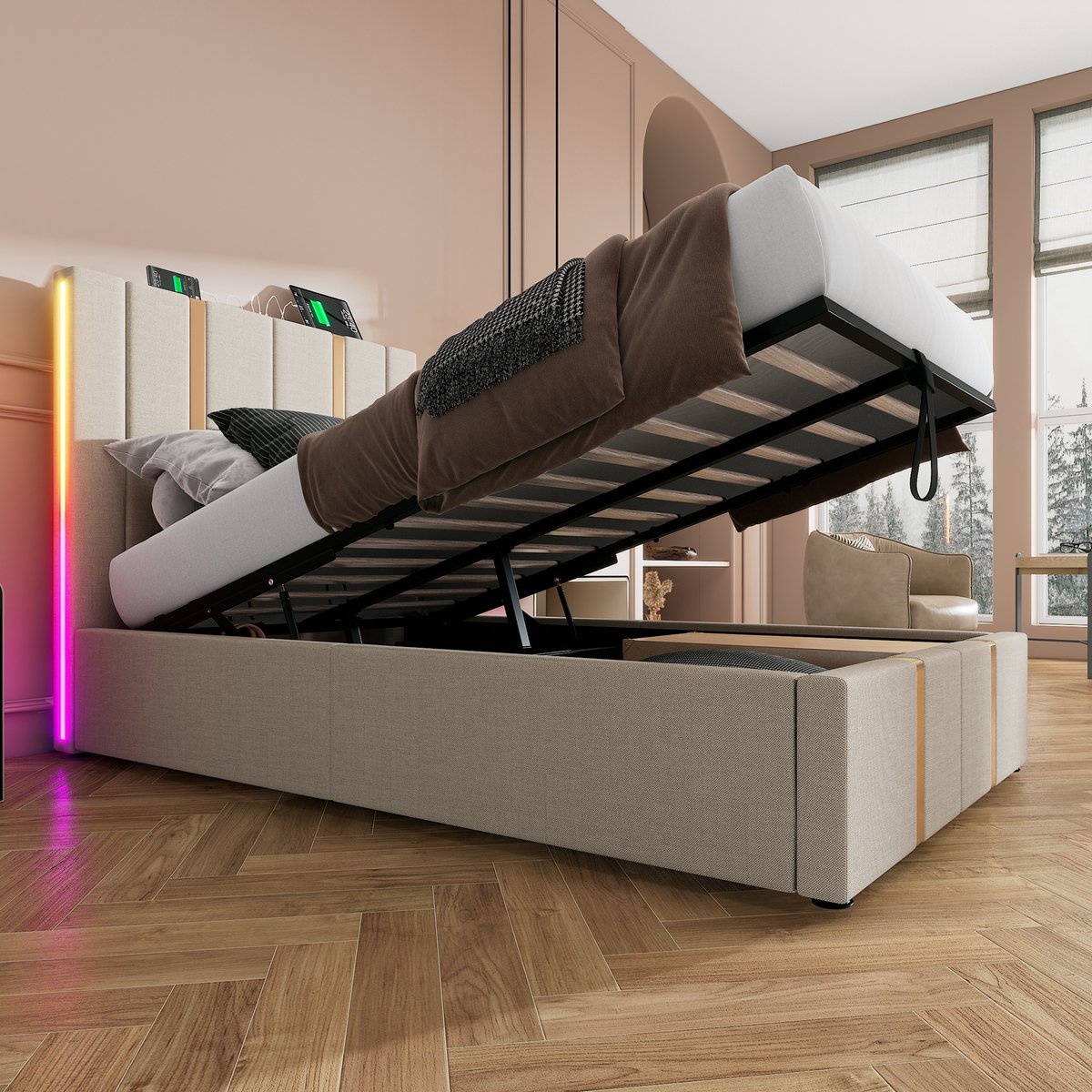 Singularity Gestoffeerd bed USB Type C APP-Control LED eenpersoonsbed 90x200 opbergbedden bedframe- beige linnen materiaal zonder matras