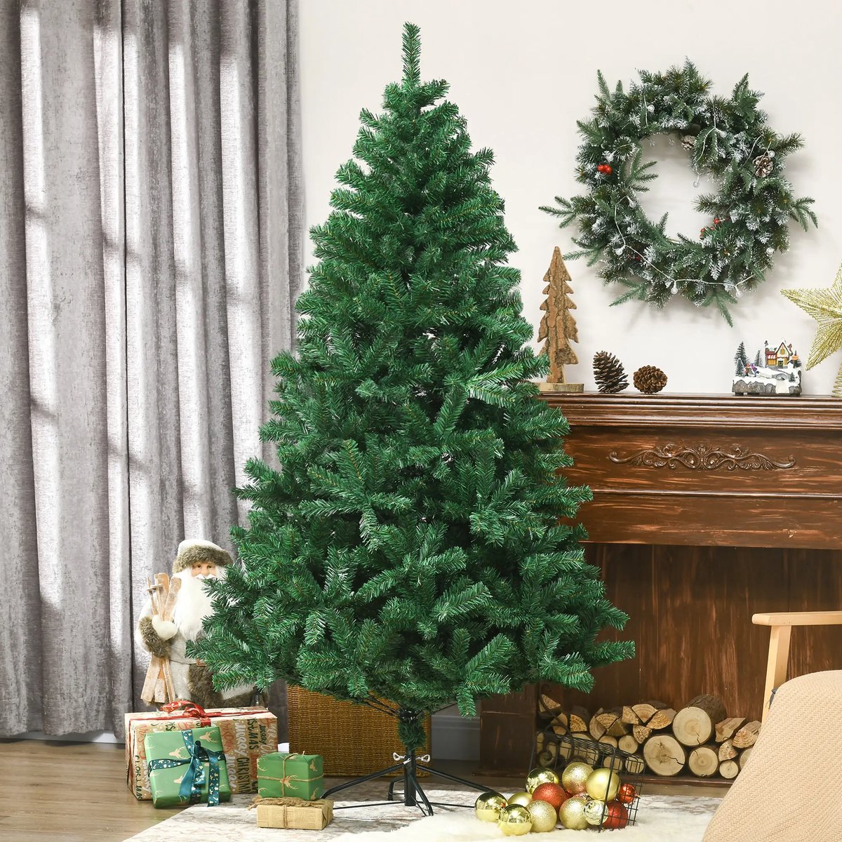 Pugsdrly Kunstkerstboom 180 cm Kunstmatige dennenboom met 1000 punten Kerstboom Kerstdecoratie incl. metalen standaard voor binnen