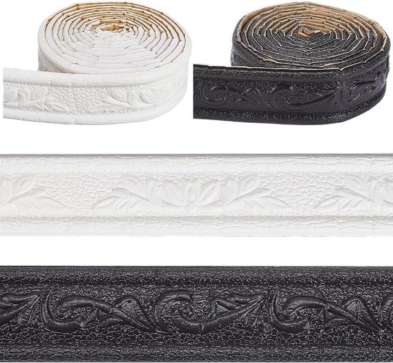Allecto Plus - Zelfklevende 3D muurgrens decoratief behang - Zwarte en witte PVC-schuim trim - Flexibele bloemen peel stick molding - Voor hotel en huis decoratie
