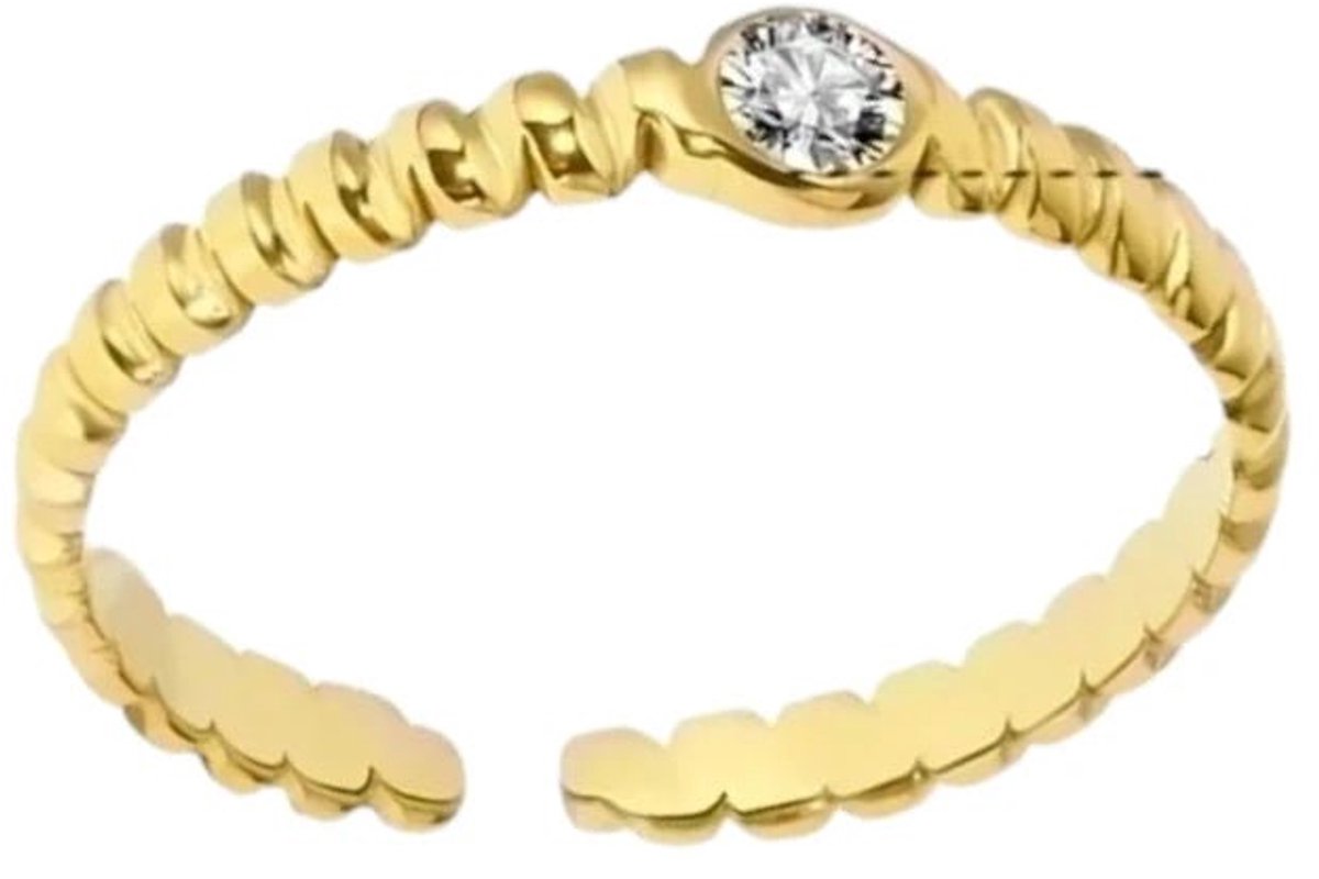 Aramat Jewels | Ringen | Stalen Damesring - Steentje & Streepjesmotief - Verstelbaar - 4mm - RVS | Goudkleur | |4mm | Staal | Volwassenen | Verkleurd niet