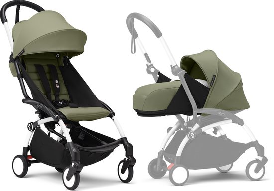 Stokke YOYO3-kinderwagen met newbornpakket - Inclusief wit frame, YOYO 6+ kleurenpakket (Olive) en 0+ newbornpakket (Olive)