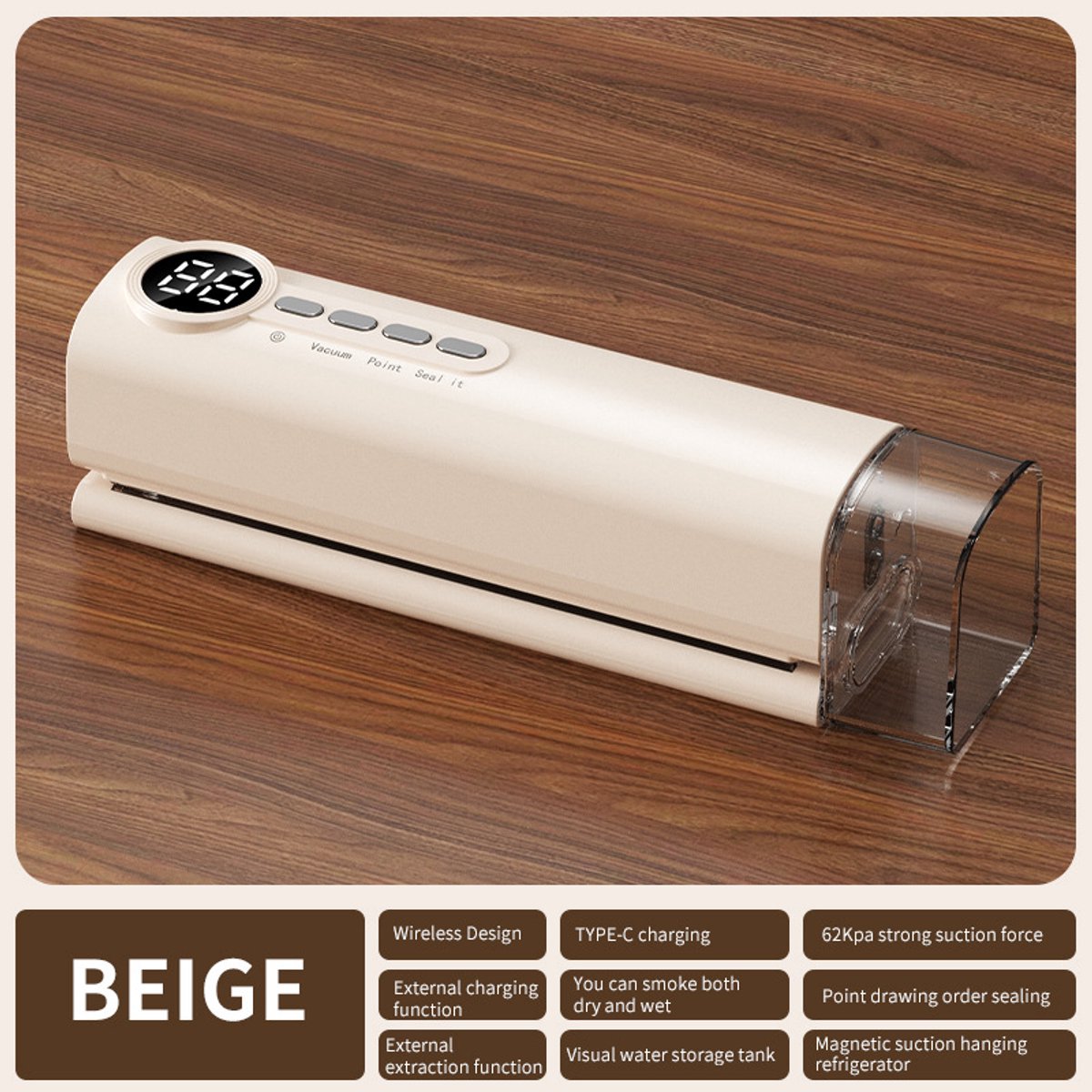 Home sealing machine draadloze volautomatische sealing machine digitale screen screen keuken vacuum machine, beige