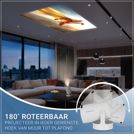 Projecteur blanc projetant Superman sur un plafond dans un salon moderne, rotatif à 180°.