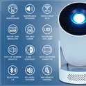 Icônes avec spécifications : inclinable à 180°, haut-parleurs intégrés, WiFi, 720p, 290 lumens, LED, écran 110", contraste 2000:1, correction keystone, Bluetooth.
