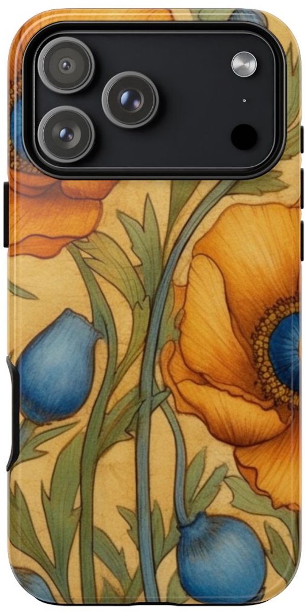 Gouden Klaprozen met Blauwe Harten – Telefoonhoesje Geschikt voor iPhone 17 Pro Max