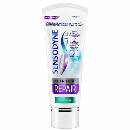 Sensodyne Clinical Repair tandpasta in tube, paarse en blauwe details. 'Deep Clean'.