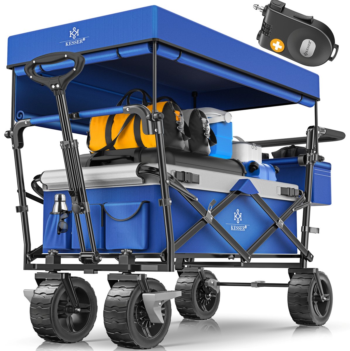 KESSER® Bolderkar opvouwbaar Bolderwagen GT9000 met dak Strandkar | incl. 2x 3-punts gordelsysteem | massief rubberen banden | tot 80 kg | rem voor en achter | + draagtas - Blauw / Grijs