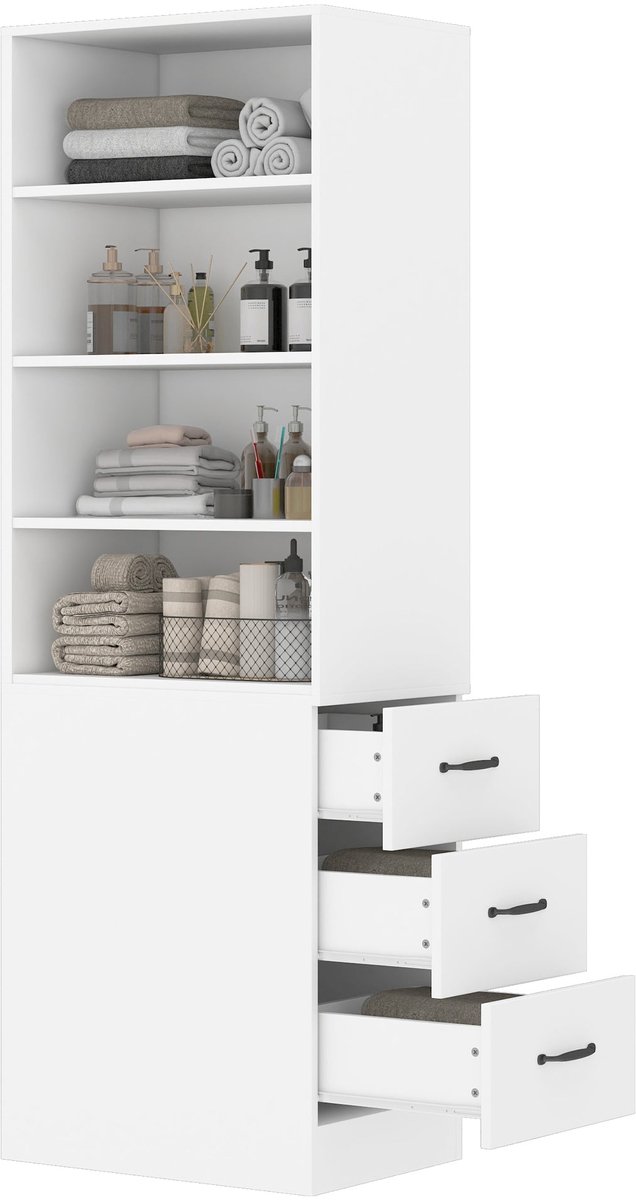 Merax Boekenkast 60x38x180 cm - Kast met 3 Lades en Verstelbare Planken - Wit