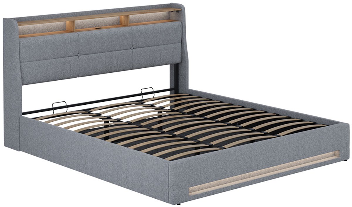 Vitalispa Christin Gestoffeerd bed – 180x200 met LED en USB-poort Grijs/eiken