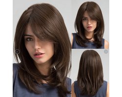Pruik met lange golvende pruik, bruin, halflang golvend synthetisch haar, damespruik, hittebestendig haar, dagelijks feest, 20 inch (bruin)