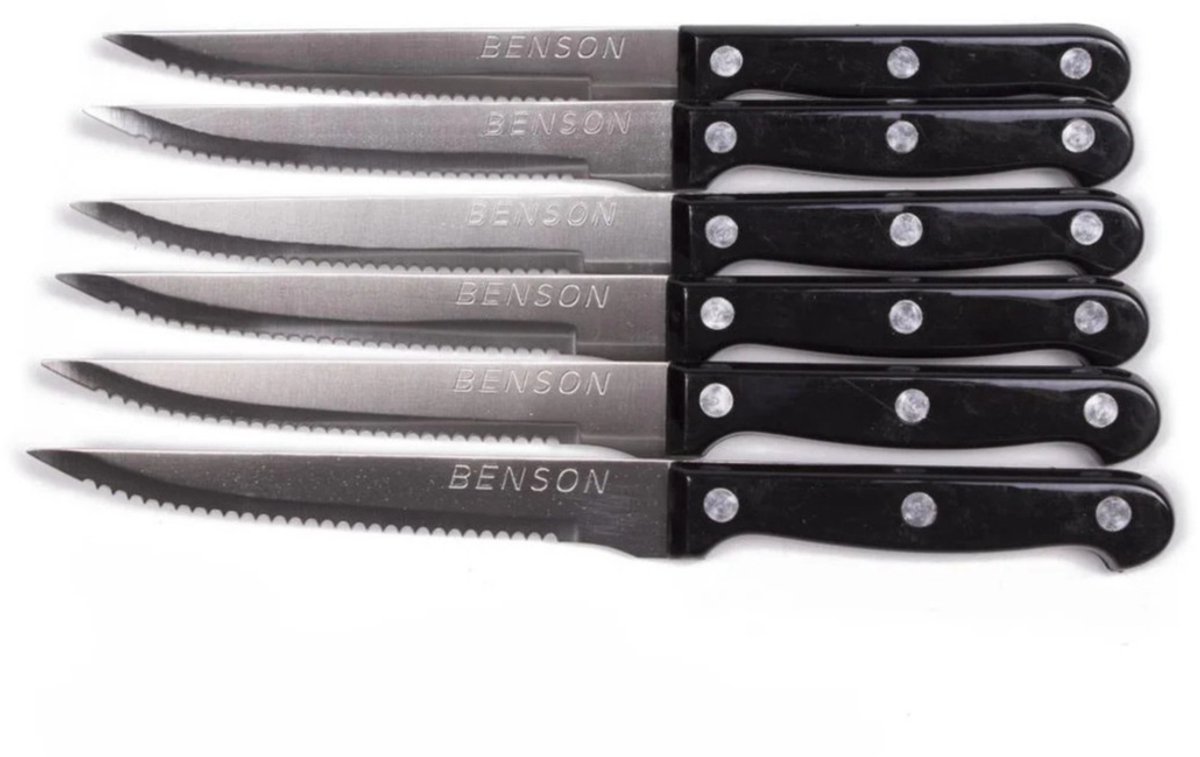 Benson Vleesmessen set - 12x stuks - zwart - RVS/kunststof - 22 cm - steakmessen - bestek set