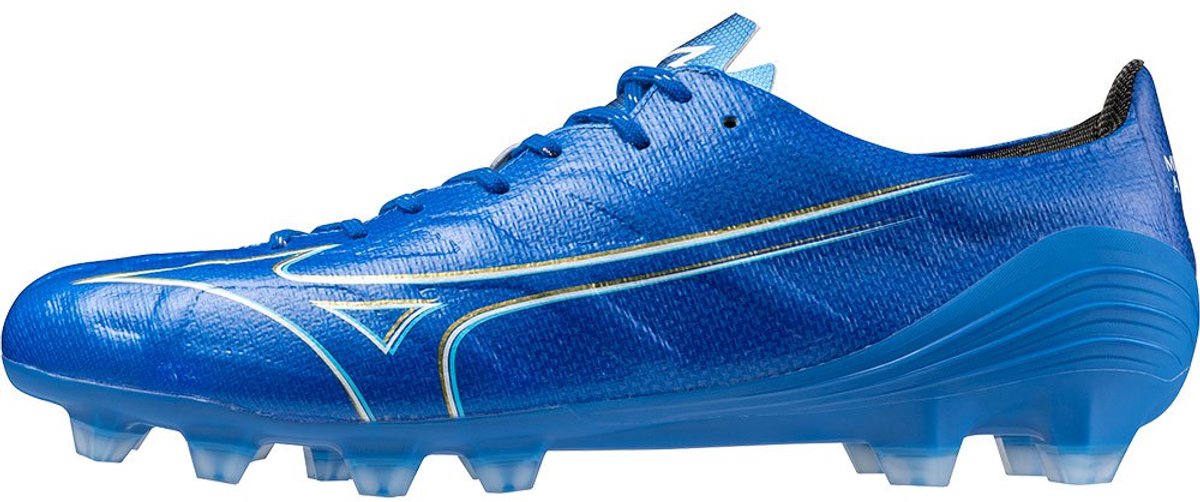 Mizuno Alpha Pro FG voetbalschoenen in blauw, EU 45, met een snelle, duurzame pasvorm en vijflaagse constructie.