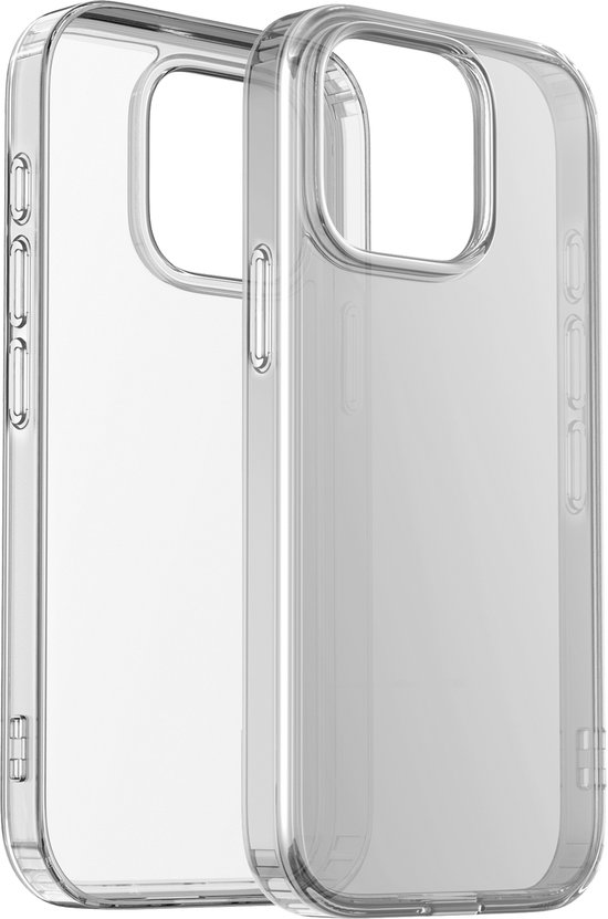 Twee transparante iPhone 15 Pro hoesjes, van TPU en siliconen, met versterkte randen.