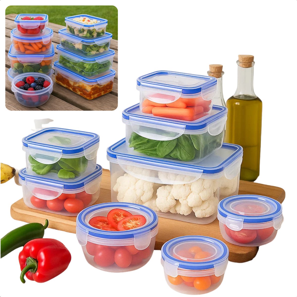 Cheqo® Plastic Bewaardozen - 16-Delige Set - Klikdeksel - Magnetronbestendig - Vaatwasserbestendig - Diepvriesbestendig - Voedsel Bewaren - Vershoudbakjes - Polypropyleen Kunststof - Transparante Bakjes - Rechthoekige Doosjes - Meal Prep