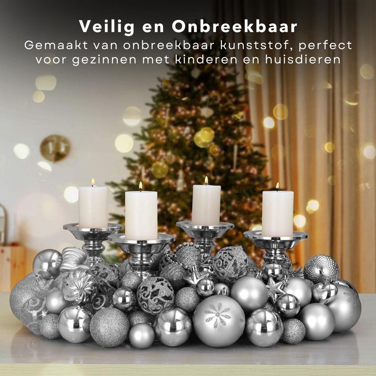 Cheqo® Luxe Kerstballen Set - Kerstballenset - Kerstdecoratie - Kerstboom Versieren - Kerstversiering - Onbreekbaar - Met Ophangoogje - Kerstversiering Kerstboom - Mat - Glans - Glitter - 101 Stuks - Zilver - Met Piek – foto 4