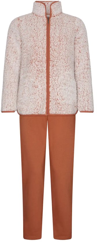 Lichtroze teddy fleece trui met bruine ritssluiting en bijpassende bruine broek.