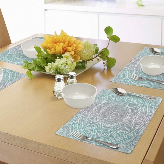 Set de 4 sets de table à manger New Bed Grijs et Aqua Stam Mandala, tissu lavable avec envers antidérapant