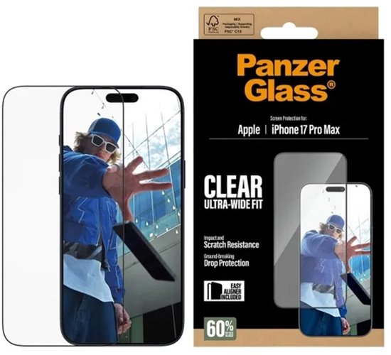 PanzerGlass screenprotector verpakking voor iPhone 17 Pro Max.