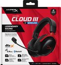 Verpakking van een zwarte gaming headset met rode accenten en HyperX logo.