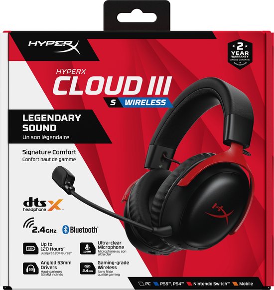 Verpakking van een zwarte gaming headset met rode accenten en HyperX logo.
