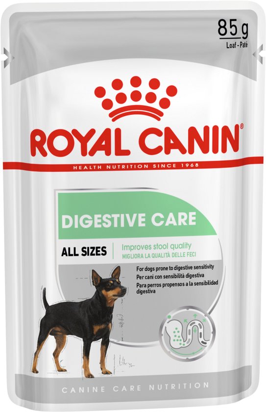 Royal Canin verpakking 'Digestive Care' voor honden, met een afbeelding van een hond en informatie over verbetering van de stoelgang.