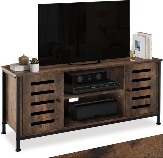 tectake® TV-meubel - TV Kast met 2 Deuren en 2 Vakken - Lowboard voor TV's tot 55 Inch - Houten TV-dressoir met kabeluitsparingen - Industrieel design - Zwart metalen frame - Afmeting (LxBxH) 110 x 41,5 x 50,5 cm - Donkerbruin