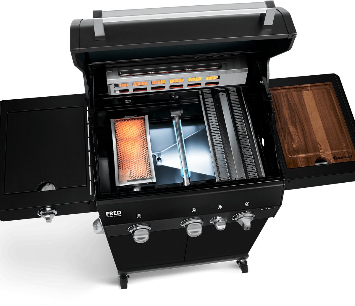 BURNHARD® 3 Branders gasbarbecue FRED Deluxe BLACK Series 3 incl. achterbrander, keramische 900°C infraroodbrander, zijkookplaat, RVS grillrooster + uitklapbare zijtafels thumbnail 6