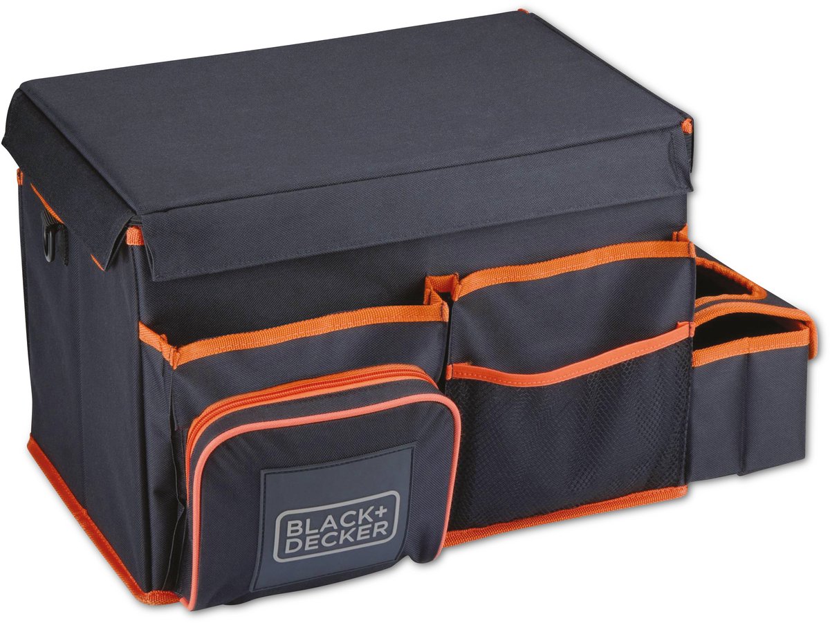 BLACK+DECKER Kofferbak Organizer - 47.5 x 25 x 30 CM - Met Draagriem - Cuphouders - Grijs/ Oranje