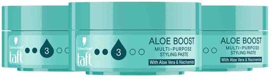 Drie blauwe potten met Taft Aloe Boost Multi-Purpose Styling Paste