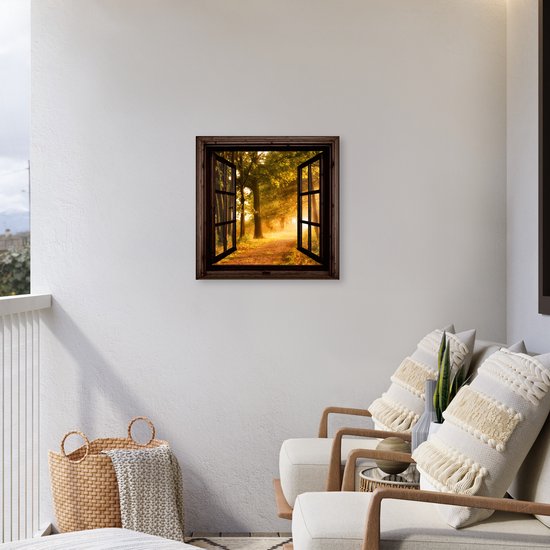 Canvas met een opengeschoven raam, uitkijkend op een bos met bomen en zonlicht.