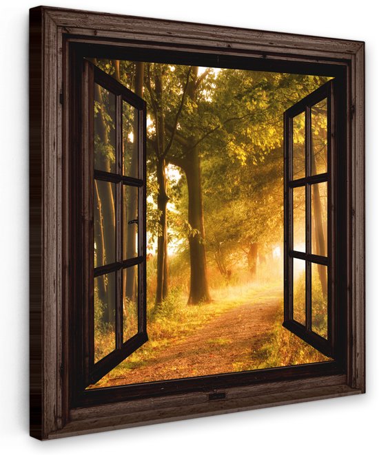 Canvas van een opengeschoven raam met uitzicht op een bosrijk pad met bomen en warme zonnestralen.