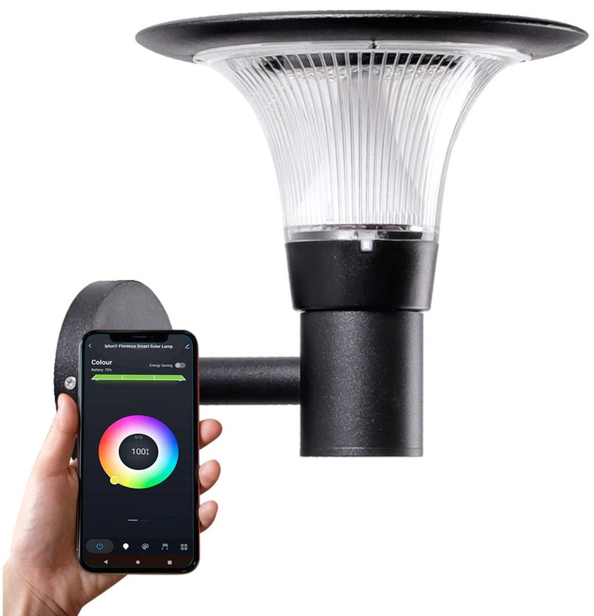 Iplux® Florence - Slimme Solar Wandlamp 23cm - Smartphone App Control - Warm Wit + Kleur - IP65 Waterproof