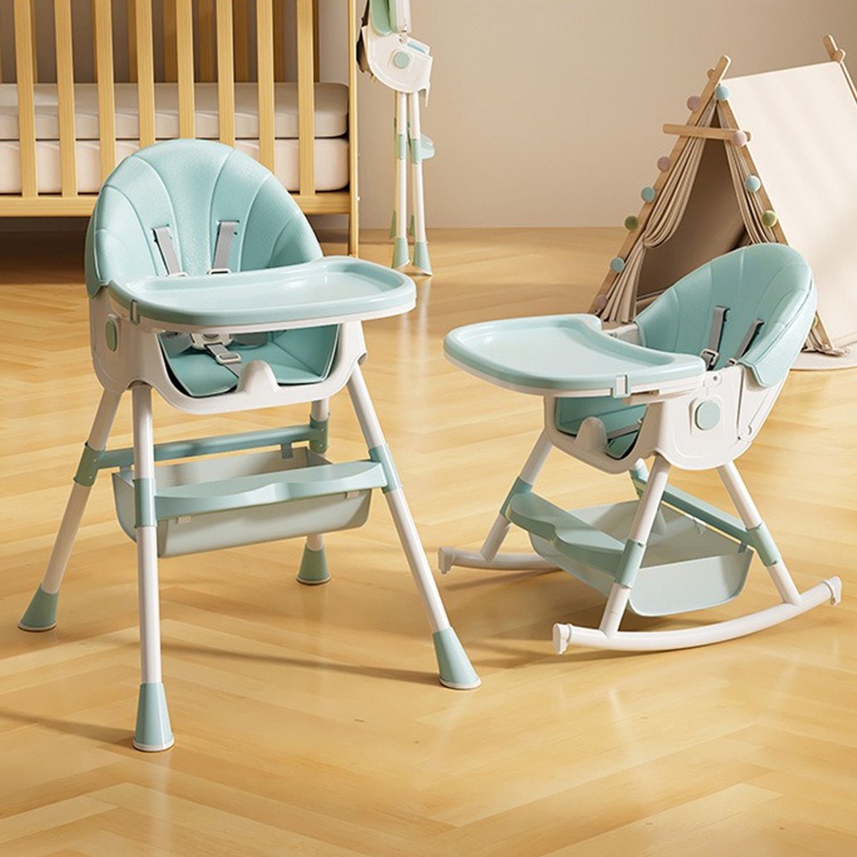 PIPIPOXER 6 in 1 kinderstoel met babyligstoel en babyschommelstoel, verstelbare en opvouwbare kinderstoel met eetblad en wielen,Blauw