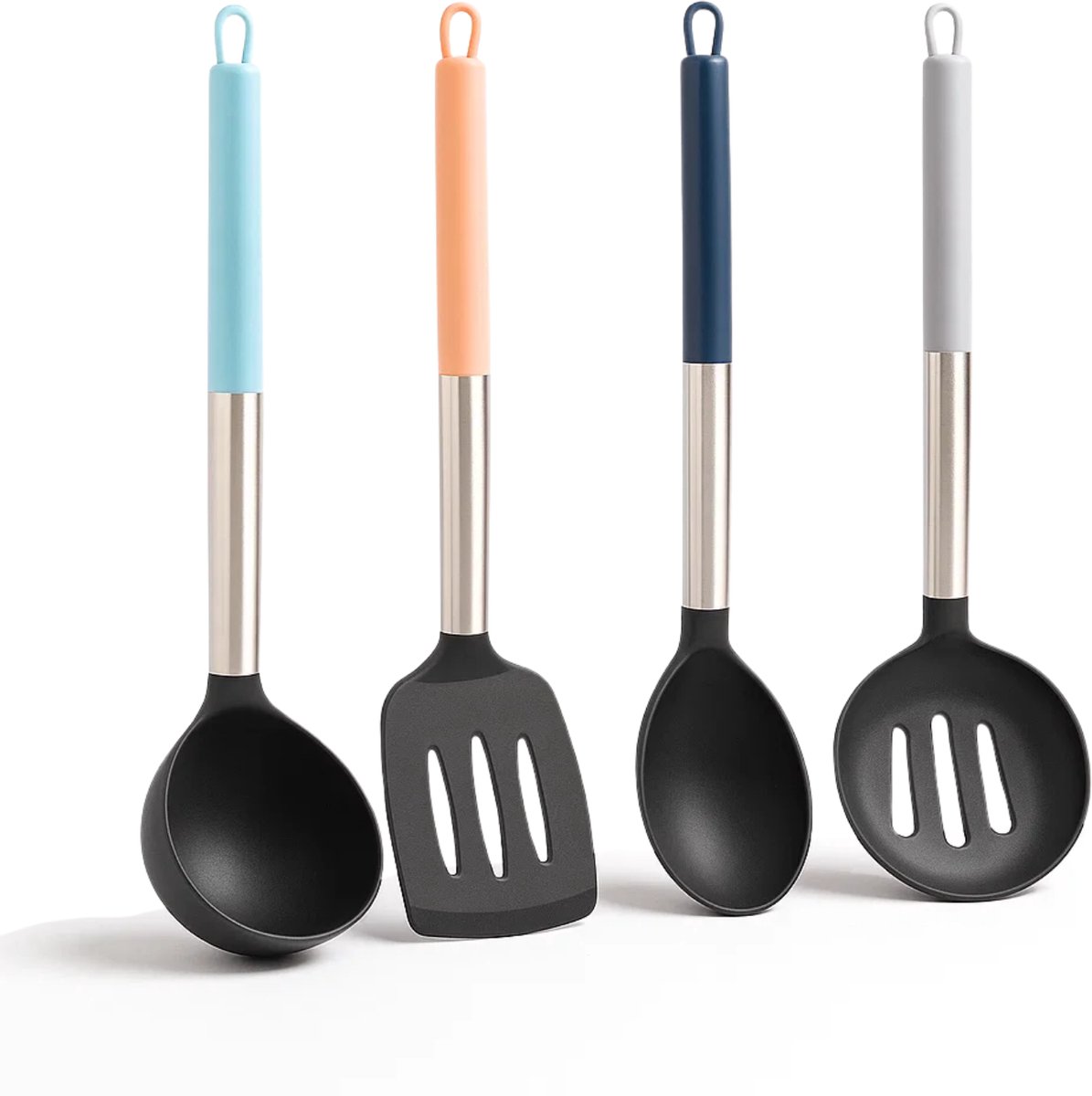 Lomera Keukengerei Set - 4-Delig - Nylon Kop - Non-Scratch - Hittebestendig Tot 220 Graden - Bakspaan - Pollepel - Opscheplepel - Schuimspaan - Moderne Uitstraling - Keukenhulpen - Keukenaccessoires