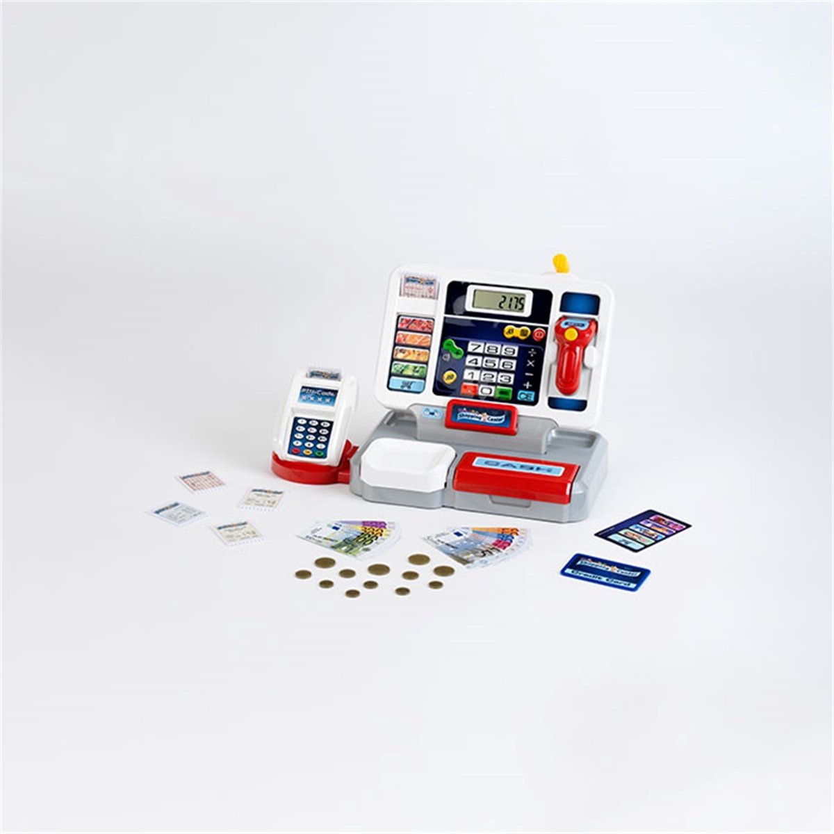 Klein Toys elektronische kassa - afneembare tablet, rekenmachinefunctie, scanner, kaartlezer en een kassa vol speelgeld - 33,42x16,83x22,33 cm - incl. soundbar - grijs rood — afbeelding 13