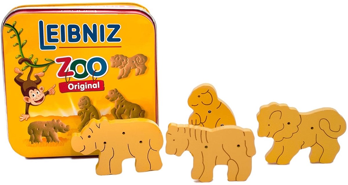 Tanner houten speelgoed koekjes set Leibniz Zoo in metalen doos.