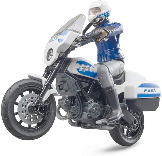 Politieagent op een witte Ducati Scrambler motor met blauwe accenten.